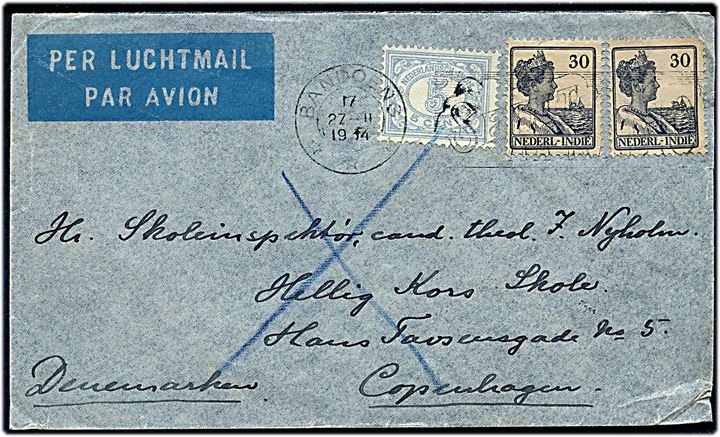 5 c. Ciffer og 30 c. Wilhelmina (2) på luftpostbrev fra Bandoeng d. 27.2.1934 til København, Danmark. På bagsiden bureau stempel København - Warnemünde T.92.