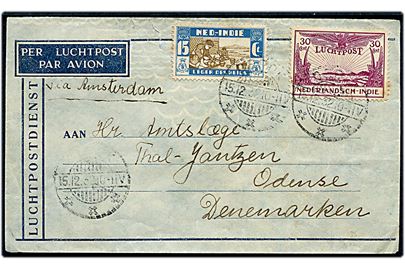 15 c. Leger des Heils og 30 c. Luftpost på luftpostbrev fra Depok d. 15.12.1932 til Odense, Danmark. Påskrevet via Amsterdam.