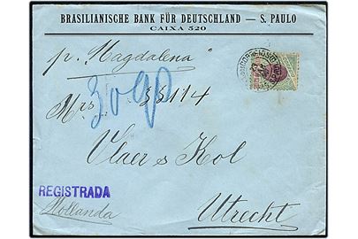 1000 reis single på anbefalet brev fra St. Paulo d. 23.3.1901 via Buenos Aires til Utrecht, Holland. Skibspåtegnet: p. Magdalena.