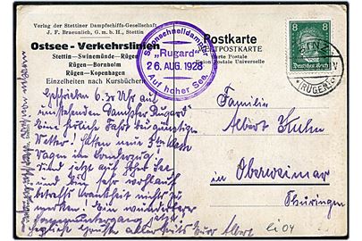 8 pfg. Beethoven på brevkort (S/S Rugard) stemplet Binz (Rügen) d. 27.8.1928 og sidestemplet Salonschnelldampfer Rugard Auf hoher See d. 26.8.1928 til Oberweimar. Skibet besejlede også Bornholm.