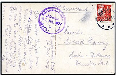 15 øre Karavel på brevkort dateret ombord på dampskibet Herta stemplet Rønne d. 31.7.1927 og sidestemplet Salonschnelldampfer Hertha Auf hoher See d. 31.7.1927 til Berlin, Tyskland.