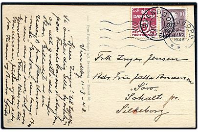 5 øre Bølgelinie og 10 øre Chr. X på brevkort (Parti fra Vindeby) annulleret med udslebet stjernestempel SVENDBORG 3. og sidestemplet Svendborg d. 11.3.1948 til Silkeborg.