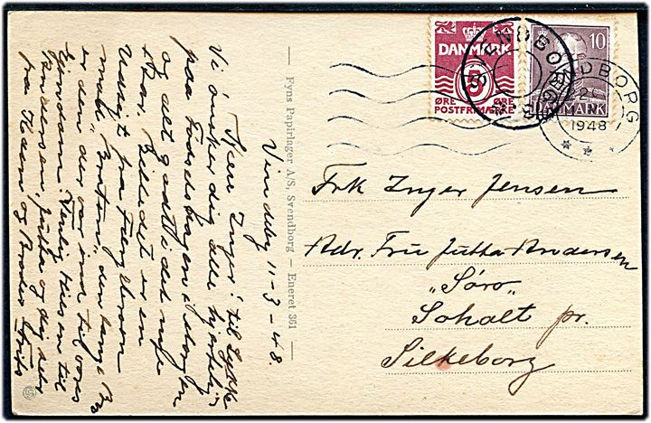 5 øre Bølgelinie og 10 øre Chr. X på brevkort (Parti fra Vindeby) annulleret med udslebet stjernestempel SVENDBORG 3. og sidestemplet Svendborg d. 11.3.1948 til Silkeborg.