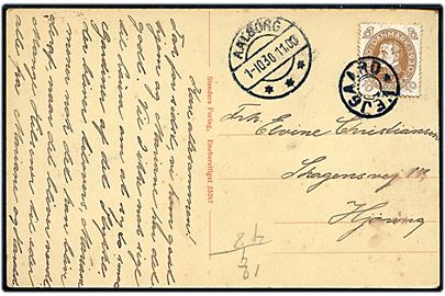 10 øre Chr. X 60 år på brevkort (Administrationsbygningen i Aalborg) annulleret med udslebet stjernestempel VEJGAARD og sidestemplet Aalborg d. 1.10.1930 til Hjørring.