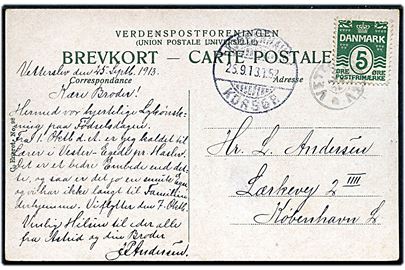 5 øre Bølgelinie på brevkort annulleret med stjernestempel VETTERSLEV og sidestemplet bureau Kjøbenhavn - Korsør T.52 d. 25.9.1913 til København.