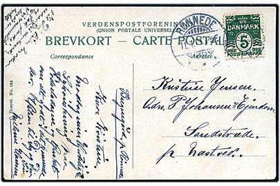 5 øre Bølgelinie på brevkort annulleret med stjernestempel STAUNSTRUP og sidestemplet Rønnede d. 11.1.1913 til Næstved.