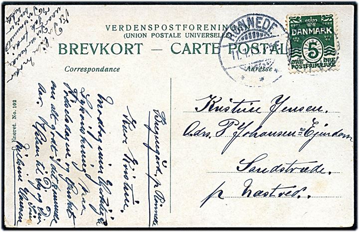 5 øre Bølgelinie på brevkort annulleret med stjernestempel STAUNSTRUP og sidestemplet Rønnede d. 11.1.1913 til Næstved.