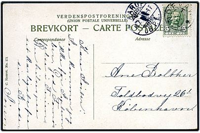 5 øre Fr. VIII på brevkort annulleret med stjernestempel HINDEVAD og sidestemplet Aarup JB.P.E. d. 18.7.1911 til København.