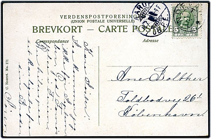 5 øre Fr. VIII på brevkort annulleret med stjernestempel HINDEVAD og sidestemplet Aarup JB.P.E. d. 18.7.1911 til København.