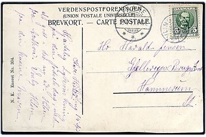 5 øre Fr. VIII på brevkort annulleret med stjernestempel BØVLINGBJERG og sidestemplet Faare d. 15.4.1910 til Hammerum.