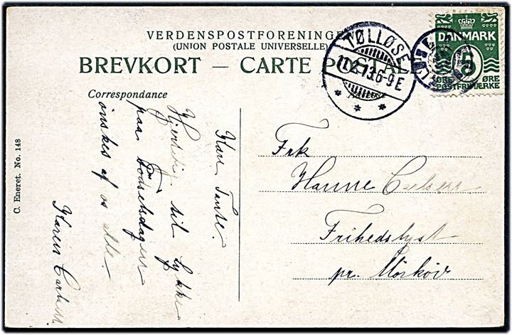 5 øre Bølgelinie på brevkort annulleret med stjernestempel UGGERLØSE og sidestemplet Holbæk d. 11.2.1913 til Mørkøv.
