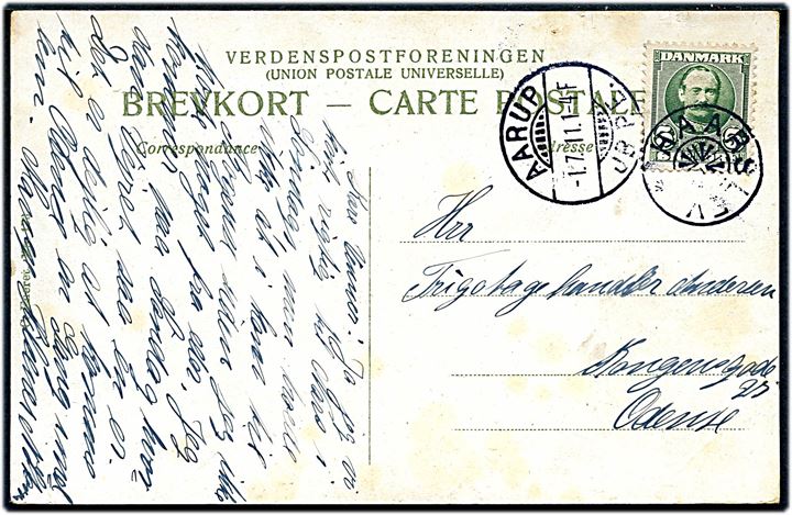 5 øre Fr. VIII på brevkort annulleret med stjernestempel HAARSLEV og sidestemplet Aarup JB.P.E. d. 1.7.1911 til Odense.
