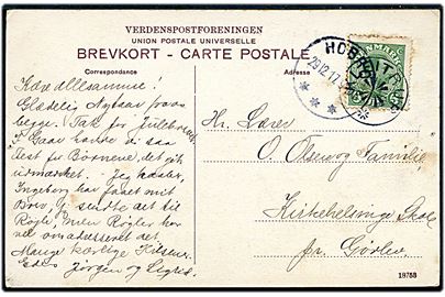 5 øre Chr. X på brevkort (Brattingsborg Volde ved Klejstrup Sö) annulleret med stjernestempel KLEITRUP og sidestemplet Hobro d. 29.12.1917 til Kirke Helsinge skole pr. Gørlev.