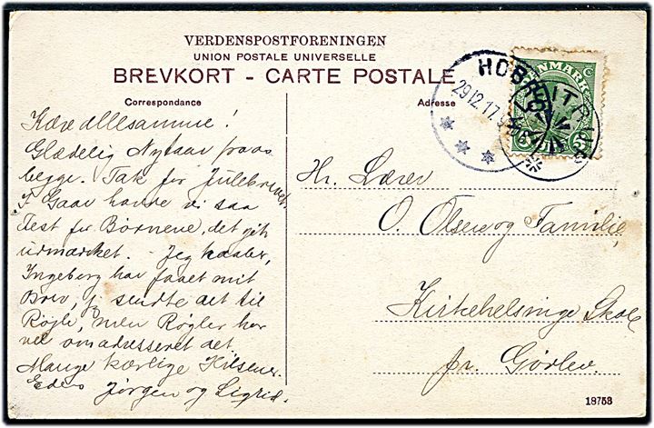 5 øre Chr. X på brevkort (Brattingsborg Volde ved Klejstrup Sö) annulleret med stjernestempel KLEITRUP og sidestemplet Hobro d. 29.12.1917 til Kirke Helsinge skole pr. Gørlev.