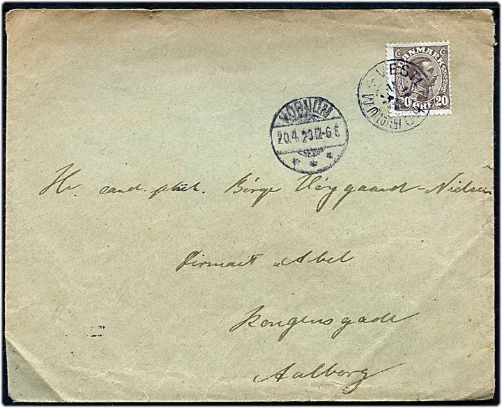 20 øre Chr. X på brev annulleret med stjernestempel VESTER-HORNUM og sidestemplet Hornum d. 20.4.1923 til Aalborg.
