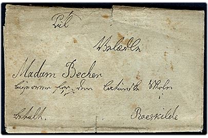 1822. Francobrev med påskrift Betalt dateret i Herlufmagle d. 6.2.1822 til Roskilde. Langt indhold.