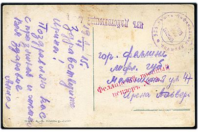 Ufrankeret feltpostbrevkort dateret d. 1.11.1915 til Fellin, Livland. Liniestempel Fra den aktive tjeneste og afdelingsstempel fra 355. Livlandske reserve infanteri afdeling. Lokal rød postcensur fra Fellin no. 3.