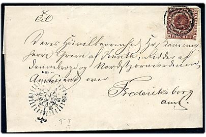 4 R.B.S. Thiele I på brev annulleret med nr.stempel 1 og sidestemplet Kjøbenhavn kompasstempel d. 1.1.1853 til Kammerherre Greve af Knuth, Ridder af Dannebrog og Nordstjärneordnen, Amtmand for Frederiksborg Amt. 