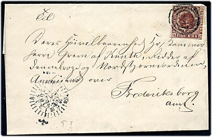 4 R.B.S. Thiele I på brev annulleret med nr.stempel 1 og sidestemplet Kjøbenhavn kompasstempel d. 1.1.1853 til Kammerherre Greve af Knuth, Ridder af Dannebrog og Nordstjärneordnen, Amtmand for Frederiksborg Amt. 