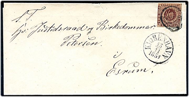 4 R.B.S. Ferslew på brev annulleret med svagt stumt stempel og sidestemplet antiqua Kiøbenhavn d. 13.11.1851 til Justitsraad og Birkedommer Petersen i Esrum.
