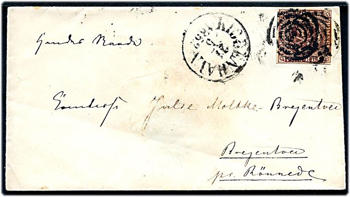 4 R.B.S. Thiele I på brev annulleret med stumt stempel og sidestemplet antiqua Kiøbenhavn d. 21.5.1852 til Komtesse Julie Moltke-Bregentved på Bregentved pr. Rönnede.
