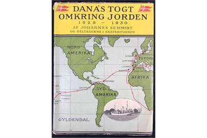 Dana's Togt omkring Jorden 1928-1930 af Johannes Schmidt. Illustreret beskrivelse af den oceanografiske jordenomsejling med havforskningsskibet Dana. 368 sider + kort.