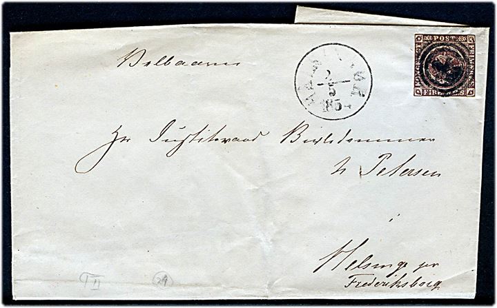 4 R.B.S. Thiele II på brev annulleret med uldent nr.stempel 24 og sidestemplet antiqua Helsingør d. 2.5.1854 til Justitsraad Birkedommer Petersen i Helsingr pr. Frederiksborg.