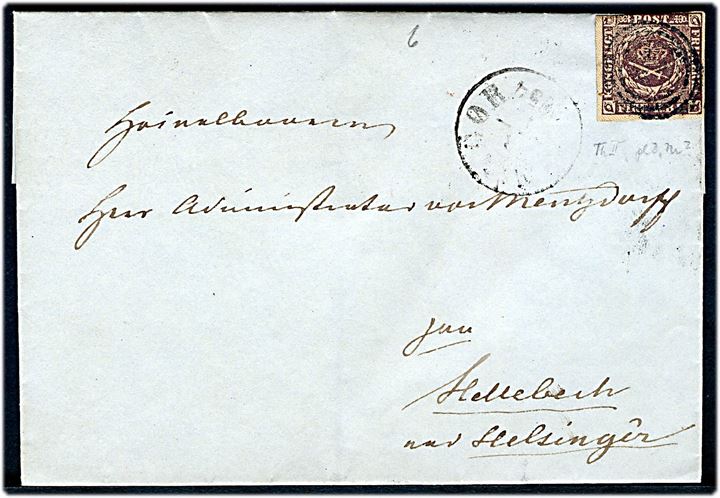 4 R.B.S. Thiele II på brev annulleret med svagt nr.stempel 24 og sidestemplet Helsingør i 1854 til Administrator von Mentzdorff paa Hellebæk ved Helsingør.