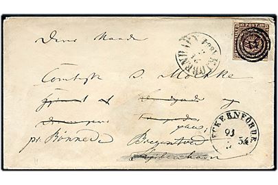 4 R.B.S. Thiele II på brev annulleret med nr.stempel 14 og sidestemplet med 1½-ringsstempel Eckernförde. d. 21.2.1854 til Grev Moltke i Kjøbenhavn - eftersendt til Bregentved pr. Rønnede