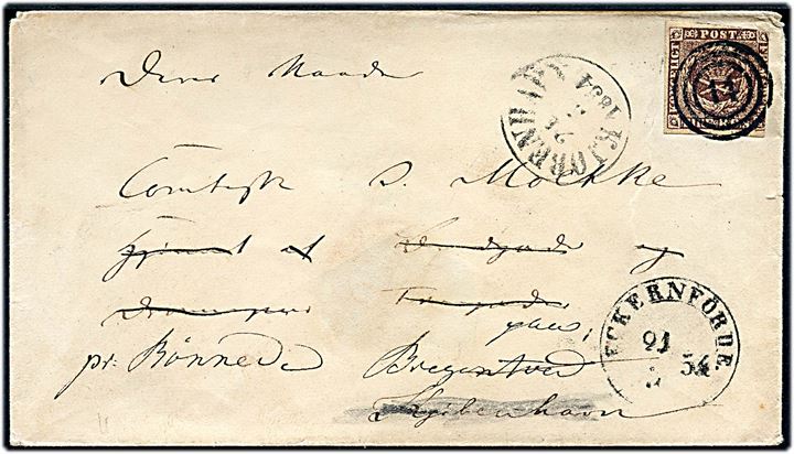 4 R.B.S. Thiele II på brev annulleret med nr.stempel 14 og sidestemplet med 1½-ringsstempel Eckernförde. d. 21.2.1854 til Grev Moltke i Kjøbenhavn - eftersendt til Bregentved pr. Rønnede