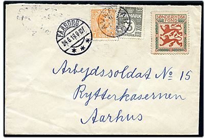 3 øre Bølgelinie, 7 øre Chr. X og Sønderjydsk Fond mærkat på brev annulleret med stjernestempel AVERNAKØ og sidestemplet Faaborg d. 24.6.1919 til arbejdssoldat no. 15 ved Rytterkasernen i Aarhus.