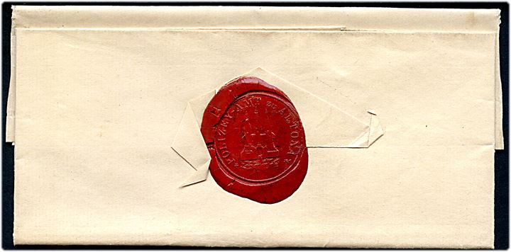 1850. Tjenstebrev påskrevet H.D.S. med antiqua P. A. Altona d. 21.11.850 til Segeberg. På bagsiden laksegl Polizei-Amt zu Altona. Fuldt indhold.