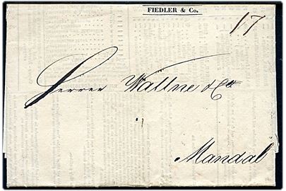 1840. Priscourant og langt brev fra firma Fiedler & Co i København med antiqua Kjøbenhavn d. 20.12.1840 til Mandal, Norge. 