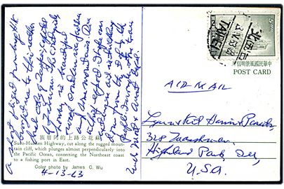 5.00 single på brevkort fra Taipei d. 13.4.1963 Highland Park, USA.