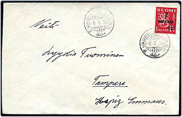 2/1½ mk. Provisorium single på brev annulleret med 2-sproget bureaustempel P.Vauni 40 d. 5.5.1938 til Tampere.