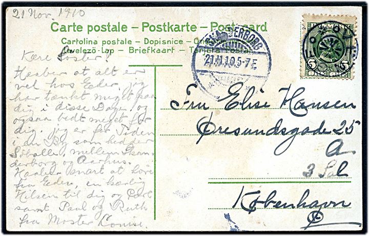 5 øre Fr. VIII på brevkort (Varehuset Frederiksberggade, København) annulleret med stjernestempel VENGE og sidestemplet Skanderborg d. 21.11.1910 til København.