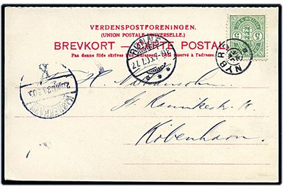 5 øre Våben på brevkort annulleret med stjernestempel NYBRO og sidestemplet Rønne d. 27.7.1905 til København.