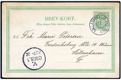 5 øre Våben på brevkort fra Nykøbing F. annulleret med lapidar bureaustempel Lollandske JB.PKT. d. 22.7.1902 til Kjøbenhavn.