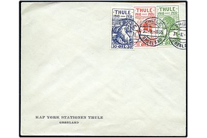 10 øre, 15 øre og 30 øre Thule udg. på uadresseret fortrykt kuvert fra Kap York Stationen Thule stemplet Thule Grønland d. 31.8.1935.