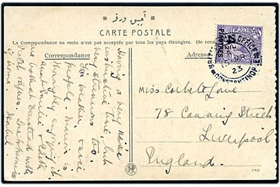 4½ Piastres/3d George V provisorium på brevkort stemplet British Post Office Constantinople d. 15.3.1923 til Liverpool, England.