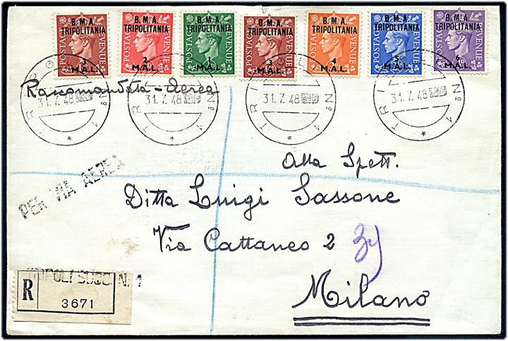B.M.A. Tripolitania udg. på blandingsfrankeret anbefalet brev fra Tripoli d. 31.7.1948 til Milano, Italien. 