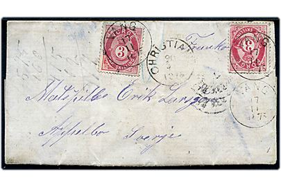3 sk. Posthorn (2) på foldebrev med fuldt indhold annulleret med lapidar Vang d. 17.11.1875 via Christiania til Appelbo, Sverige.