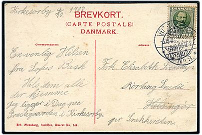 5 øre Fr. VIII på brevkort (Ryegaard Slot) dateret Kirke Såby d. 4.10.1908 og annulleret med brotype Ia Feltpostkontor * No. 3 * d. 5.10.1908 til Snekkersten. Feltpost fra manøvren på Sjælland 1908.