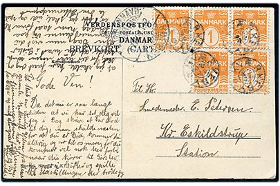 1 øre Bølgelinie (5) på brevkort annulleret med stjernestempel KVÆRKEBY og sidestemplet bureau Kjøbenhavn - Korsør T.52 d. 17.10.1907 til Kr. Eskildstrup.