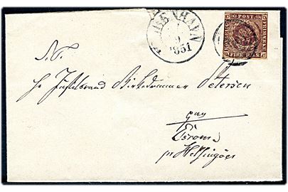 4 R.B.S. Ferslew på brev annulleret med stumt stempel og sidestemplet antiqua Kiøbenhavn d. 17.9.1851 til Justitsraad Birkedommer Petersen paa Esrom pr. Helsingør.