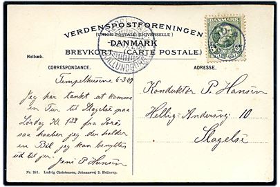 5 øre Chr. IX på brevkort (Gadeparti fra Holbæk) annulleret med stjernestempel VIPPERØD og sidestemplet bureau Kjøbenhavn - Kallundborg T.168 d. 6.3.1907 til Slagelse.
