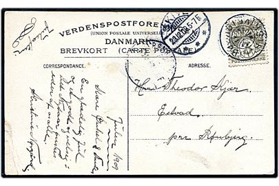 3 øre Bølgelinie på lokalt julekort annulleret med stjernestempel HVIDBJERG (SKIVE) og sidestemplet Skive d. 23.12.1909 til Estvad pr. Rønbjerg.