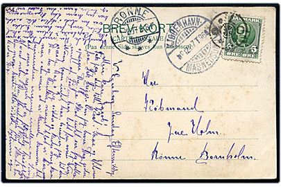 5 øre Fr. VIII på brevkort annulleret med stjernestempel LOU og sidestemplet bureau Kjøbenhavn - Masnedsund T.96 d. 9.12.1907 til Rønne på Bornholm.