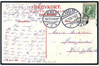 5 øre Chr. IX på brevkort (Stendysse ved Strandlyst) annulleret med stjernestempel K. STILLINGE og sidestemplet Slagelse d. 12.7.1906 til Hals.