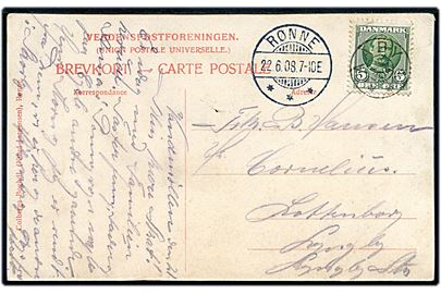 5 øre Fr. VIII på brevkort annulleret med stjernestempel AABY og sidestemplet Rønne d. 22.6.1908 til Lyngby.